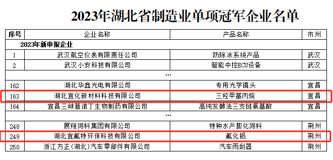宜化新材料、宜氟特环保公司获评2023年湖北省制造业单项冠军企业(图1)