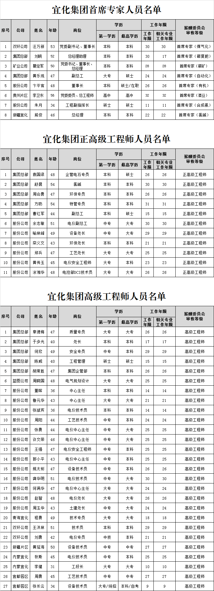 宜化集团首席专家、正高级工程师、高级工程师评审结果公示